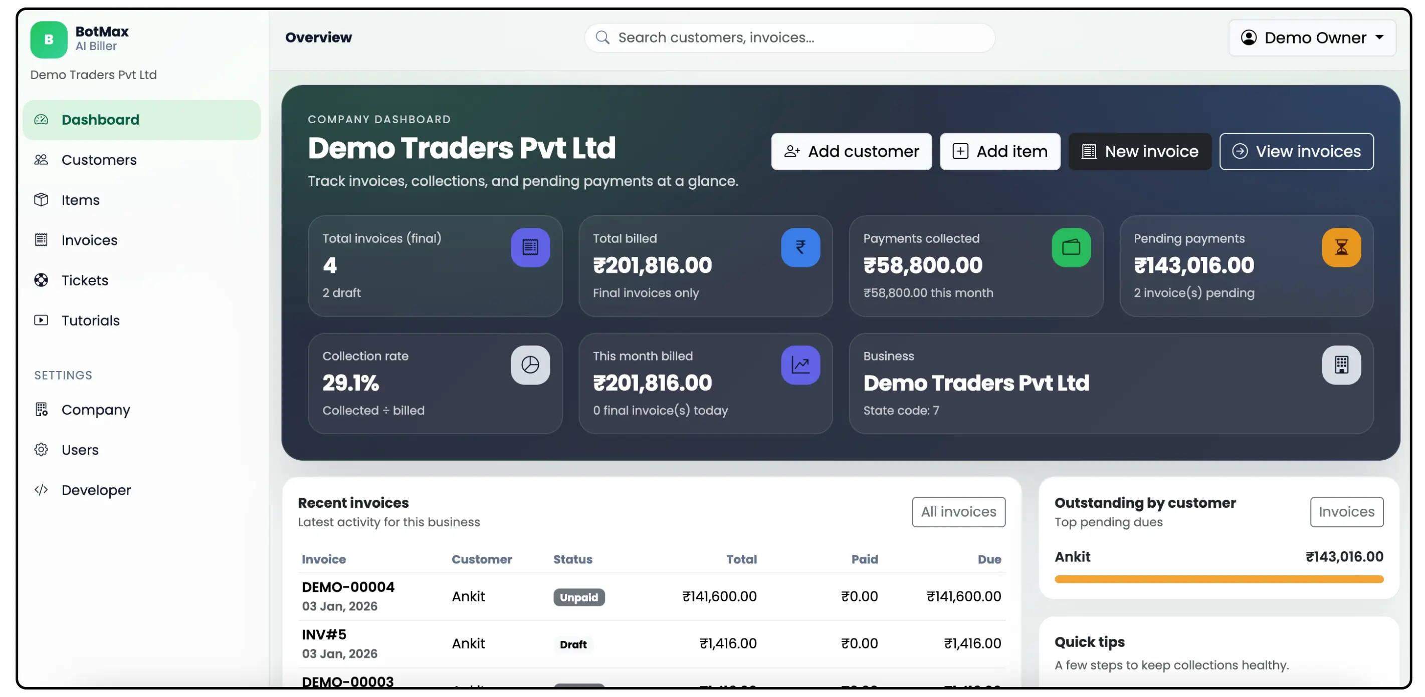 BotMax AI Biller dashboard mockup