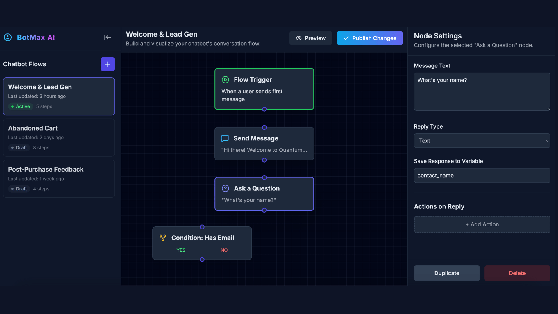 No-Code Chatbot Builder Interface